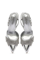 Women's Silver Open Back High Heeled Stilettos with Stones | Derimod Women's Silver Open Back High Heeled Stilettos with Stones | Derimod
