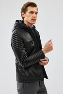 Lyon Men's Black Hooded Leather Jacket | Derimod Lyon Men's Black Hooded Leather Jacket | Derimod