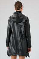 Daniela Women's Black Hooded Oversize Leather Coat | Derimod Daniela Women's Black Hooded Oversize Leather Coat | Derimod