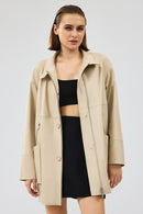Dalida Women's Cream Oversize Leather Jacket | Derimod Dalida Women's Cream Oversize Leather Jacket | Derimod