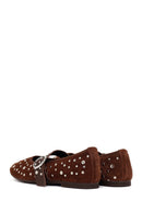 Woman Brown Strappy Studded Suede Leather Ballet Flat | Derimod Woman Brown Strappy Studded Suede Leather Ballet Flat | Derimod