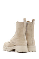 Women's Beige Zippered Suede Leather Combat Boots | Derimod Women's Beige Zippered Suede Leather Combat Boots | Derimod