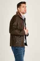 Angelo Men's Brown Leather Jacket with Fur Collar | Derimod Angelo Men's Brown Leather Jacket with Fur Collar | Derimod