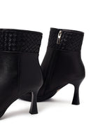 Woman Black Zip Closure Braided Thin-Heeled Leather Boots | Derimod Woman Black Zip Closure Braided Thin-Heeled Leather Boots | Derimod