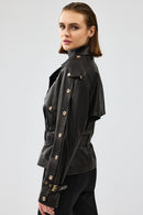 Crystal Women's Black Biker Leather Jacket | Derimod Crystal Women's Black Biker Leather Jacket | Derimod