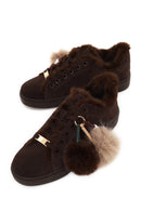 Woman Brown Lace-Up Charmed Suede Teddy Sneaker | Derimod Woman Brown Lace-Up Charmed Suede Teddy Sneaker | Derimod