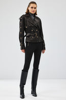 Crystal Women's Black Biker Leather Jacket | Derimod Crystal Women's Black Biker Leather Jacket | Derimod