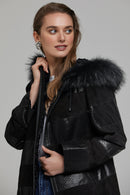 Dalia Kadın Siyah Kapüşonlu Deri Kaban | Derimod Dalia Kadın Siyah Kapüşonlu Deri Kaban | Derimod