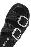 Kadın Siyah Çift Tokalı Hasır Deri Terlik | Derimod Kadın Siyah Çift Tokalı Hasır Deri Terlik | Derimod