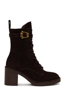 Woman Brown Zip Closure Chunky Heeled Suede Combat Boots | Derimod Woman Brown Zip Closure Chunky Heeled Suede Combat Boots | Derimod