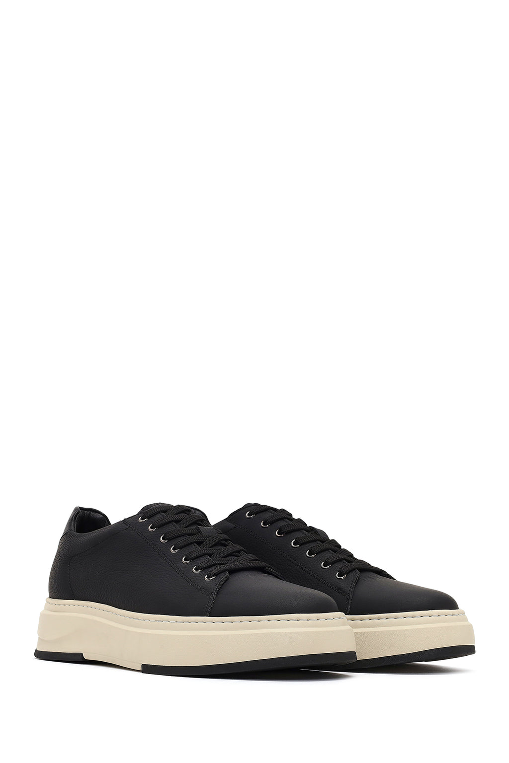 Erkek Siyah Bağcıklı Kalın Tabanlı Deri Sneaker