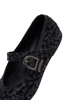 Woman Black Leopard Pattern Buckled Suede Leather Babet | Derimod Woman Black Leopard Pattern Buckled Suede Leather Babet | Derimod