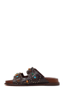 Women's Brown Studded Leather Slippers | Derimod Women's Brown Studded Leather Slippers | Derimod