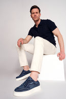 Male Navy Lace-Up Thick-Soled Fabric Sneaker | Derimod Male Navy Lace-Up Thick-Soled Fabric Sneaker | Derimod