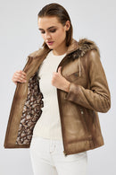 Meggy Women's Beige Hooded Furry Leather Jacket | Derimod Meggy Women's Beige Hooded Furry Leather Jacket | Derimod