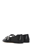 Women's Black Double Buckled Stoned Leather Ballerinas | Derimod Women's Black Double Buckled Stoned Leather Ballerinas | Derimod