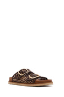 Women's Multi-Colored Double Buckled Straw Leather Slippers | Derimod Women's Multi-Colored Double Buckled Straw Leather Slippers | Derimod