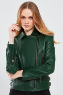 Latoya Kadın Yeşil Biker Deri Ceket | Derimod