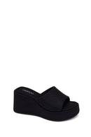 Woman Black Stone-Embellished Wedge-Heel Fabric Slipper | Derimod Woman Black Stone-Embellished Wedge-Heel Fabric Slipper | Derimod