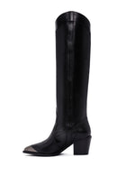 Women's Black Leather Heeled Cowboy Boots | Derimod Women's Black Leather Heeled Cowboy Boots | Derimod