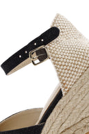 Kadın Siyah Bilekten Bantlı Dolgu Topuklu Deri Espadril | Derimod Kadın Siyah Bilekten Bantlı Dolgu Topuklu Deri Espadril | Derimod