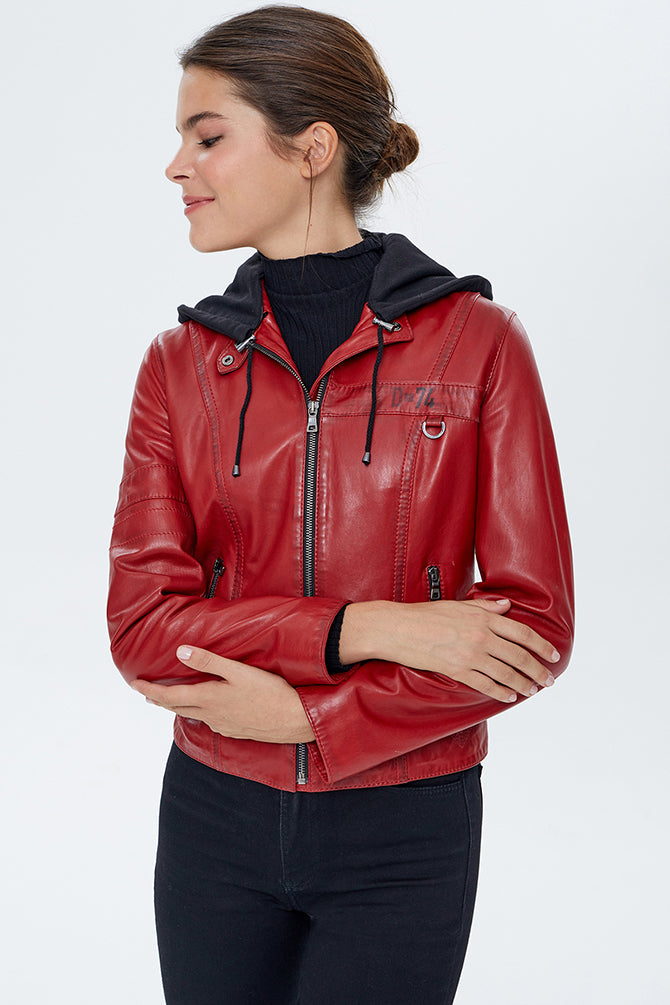 Carrera Kadın Kırmızı Kapüşonlu Deri Ceket