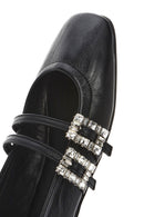 Women's Black Double Buckled Stoned Leather Ballerinas | Derimod Women's Black Double Buckled Stoned Leather Ballerinas | Derimod