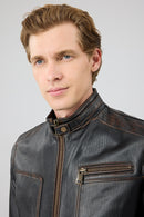 Felibe Men Black Stand Collar Vintage Leather Jacket | Derimod Felibe Men Black Stand Collar Vintage Leather Jacket | Derimod