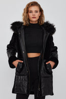 Virginia Women's Black Hooded Long Teddy Coat | Derimod Virginia Women's Black Hooded Long Teddy Coat | Derimod