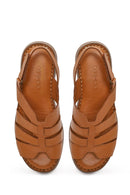 Woman Tan Strappy Thick-Soled Leather Comfort Sandal | Derimod Woman Tan Strappy Thick-Soled Leather Comfort Sandal | Derimod