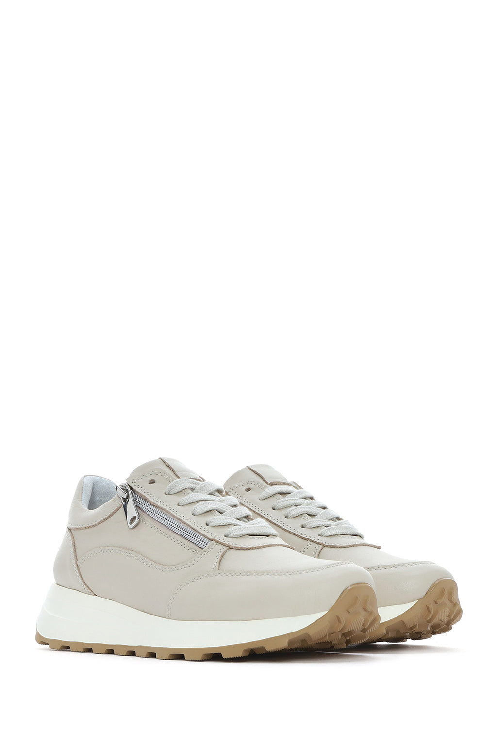 Kadın Bej Bağcıklı Yandan Fermuarlı Deri Sneaker