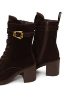 Woman Brown Zip Closure Chunky Heeled Suede Combat Boots | Derimod Woman Brown Zip Closure Chunky Heeled Suede Combat Boots | Derimod