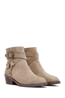 Woman Beige Zippered Suede Leather Cowboy Boots | Derimod Woman Beige Zippered Suede Leather Cowboy Boots | Derimod
