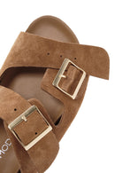 Women's Tan Double Buckle Suede Leather Slippers | Derimod Women's Tan Double Buckle Suede Leather Slippers | Derimod