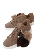 Woman Mink Lace-Up Charm Suede Teddy Leather Sneaker | Derimod Woman Mink Lace-Up Charm Suede Teddy Leather Sneaker | Derimod