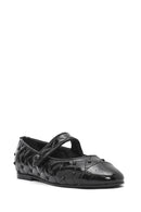 Women's Black Banded Patterned Leather Ballerinas | Derimod Women's Black Banded Patterned Leather Ballerinas | Derimod