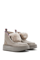 Women's Grey Thick-Soled Fur-Lined Leather Boots | Derimod Women's Grey Thick-Soled Fur-Lined Leather Boots | Derimod