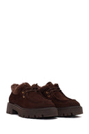 Woman Brown Lace-Up Fur-Detail Thick-Soled Suede Casual Shoes | Derimod Woman Brown Lace-Up Fur-Detail Thick-Soled Suede Casual Shoes | Derimod