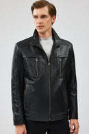 Hugo Men's Black Regular Leather Jacket | Derimod Hugo Men's Black Regular Leather Jacket | Derimod