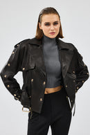 Crystal Women's Black Biker Leather Jacket | Derimod Crystal Women's Black Biker Leather Jacket | Derimod
