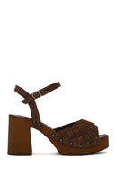 Woman Tan Ankle-Buckle Chunky-Heel Suede Sandal | Derimod Woman Tan Ankle-Buckle Chunky-Heel Suede Sandal | Derimod