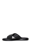 Men's Black Knitted Patterned Leather Slippers | Derimod Men's Black Knitted Patterned Leather Slippers | Derimod
