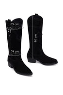 Woman Black Short Thick-Heeled Suede Cowboy Boots | Derimod Woman Black Short Thick-Heeled Suede Cowboy Boots | Derimod