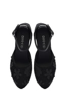 Women's Black Ankle Strap Patterned Wedge Heel Espadrilles | Derimod Women's Black Ankle Strap Patterned Wedge Heel Espadrilles | Derimod