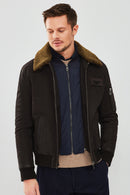 Falcon Men's Brown Embroidered Collar Fur Leather Pilot Jacket | Derimod Falcon Men's Brown Embroidered Collar Fur Leather Pilot Jacket | Derimod