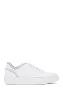 Women's White Lace-Up Stoned Leather Sneakers | Derimod Women's White Lace-Up Stoned Leather Sneakers | Derimod
