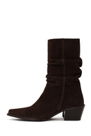 Woman Brown Chunky-Heeled Suede Cowboy Boots | Derimod Woman Brown Chunky-Heeled Suede Cowboy Boots | Derimod