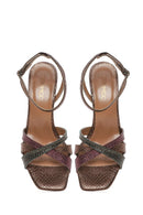 Women's Copper Ankle Strap Thin High Heel Patterned Leather Sandals | Derimod Women's Copper Ankle Strap Thin High Heel Patterned Leather Sandals | Derimod