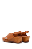 Women's Tan Wedge Heeled Leather Comfort Sandals with Ankle Strap | Derimod Women's Tan Wedge Heeled Leather Comfort Sandals with Ankle Strap | Derimod