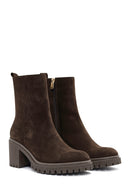 Woman Brown Zippered Suede Heels Leather Boat | Derimod Woman Brown Zippered Suede Heels Leather Boat | Derimod